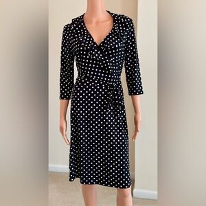Chaps Jersey Knit Polka Dot Belted Faux Wrap A-Line Knee Length Dress Sz Medium